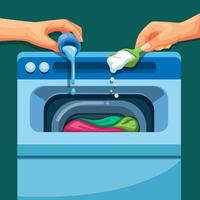 Versez le liquide et le détergent à la main dans la machine à laver. blanchisserie instruction symbole illustration vecteur