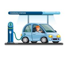 concept d'illustration de bâtiment de station de recharge de voiture électrique en vecteur de dessin animé plat