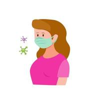 fille portant un masque pour se protéger de la pollution et du virus. humain dans un masque médical contre l'infection. prévention des maladies familiales. vecteur d'illustration plat de dessin animé