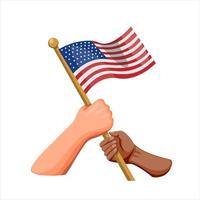symbole de l'unité de la diversité des personnes avec la main tenant le drapeau américain, concept de la fête de l'indépendance américaine en vecteur d'illustration de dessin animé sur fond blanc