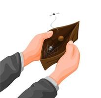 main tenant un portefeuille vide avec une pièce de monnaie et une araignée Web à l'intérieur. symbole de problème financier en vecteur d'illustration de dessin animé sur fond blanc