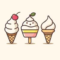 Trois la glace crèmes dans kawaii style. une souriant vanille cône avec arrose, une de bonne humeur Chocolat sundae avec une cerise, et une mignonne fraise popsicle. vecteur