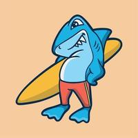 les requins de conception d'animaux de dessin animé portent des planches de surf logo de mascotte mignon vecteur