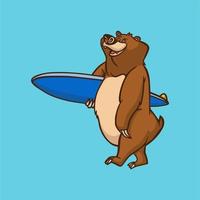 ours de dessin animé portant un logo de mascotte mignon de planche de surf vecteur