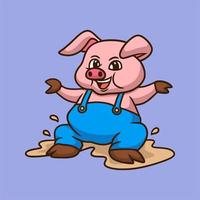 les porcs de conception d'animaux de dessin animé s'assoient en jouant à la boue logo de mascotte mignon vecteur