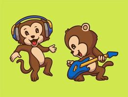 dessin animé animal design singe écoutant de la musique et jouant de la guitare illustration de mascotte mignonne vecteur