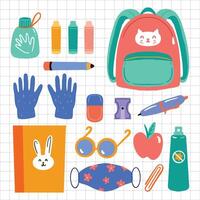 école Provisions ensemble avec une sac à dos, des crayons, gants, et autre articles vecteur