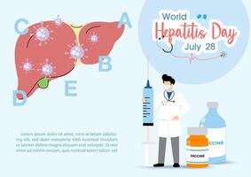 concept de hépatite un, b, c, d, et monde hépatite journée de la campagne affiche avec médecins traiter le foie dans plat style et bannière conception. vecteur