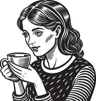 fille avec tasse de café illustration noir et blanc vecteur