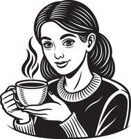 fille avec tasse de café illustration noir et blanc vecteur