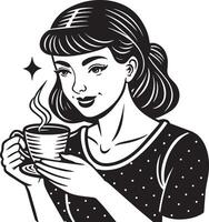fille avec tasse de café illustration noir et blanc vecteur