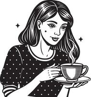 fille avec tasse de café illustration noir et blanc vecteur