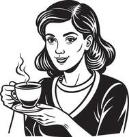 fille avec tasse de café illustration noir et blanc vecteur