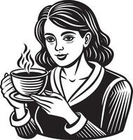 fille avec tasse de café illustration noir et blanc vecteur