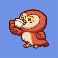 dessin animé animal design hibou buvant une tasse de boisson logo mascotte mignon vecteur