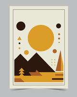 une affiche pour une Montagne paysage avec une Soleil et des arbres. vecteur
