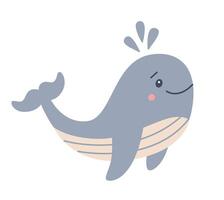 plat illustration dans enfants style. mignonne baleine avec souriant visage sur blanc Contexte vecteur