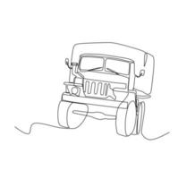 dessin au trait continu de camion de transport de troupes militaires vecteur