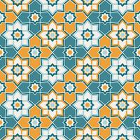 arabe géométrique mosaïque imprimable sans couture modèle avec abstrait marocain impression dans bleu et Orange couleurs. Ramadan kareem traditionnel islamique art illustration Contexte vecteur