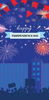coloré content indépendance journée illustration avec feux d'artifice, ville ligne d'horizon, drapeaux, et célébrer foule vecteur