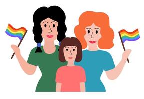 lgbt concept. lesbienne marié couple. femmes adopté fille. en portant multicolore drapeau fierté parade. illustration dans plat style. vecteur