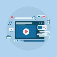 concept de streaming vidéo en ligne avec lecteur vidéo et icône de médias sociaux avec style de ligne vecteur