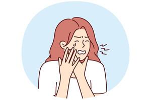 femme Souffrance de mal aux dents pleurs en portant joue Besoins Aidez-moi de dentiste de dentaire clinique vecteur