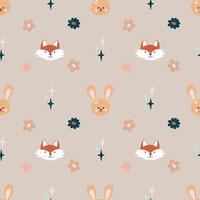 mignonne bohémien bébé sans couture modèle avec mignonne Renard, lapin dans boho style dans chaud pastel couleurs. boho ensemble de des illustrations pour le enfants chambre, cartes postales, bébé des soirées vecteur