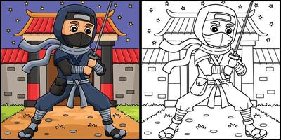 ninja en portant une katana coloration page illustration vecteur