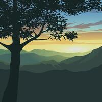 silhouette de une arbre surplombant lever du soleil avec montagnes vecteur