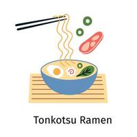 illustration de une bol de tonkotsu ramen sur une bambou tapis, avec vert oignons et Viande bouillon. griffonnage style, plat dessin animé image pour asiatique cuisine et Japonais vite nourriture, baguettes avec nouilles vecteur