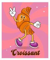 dessin animé rétro mascotte paix croissant. ancien style années 70, Années 60 personnage. coloré sensationnel affiche pour boulangerie et café. branché nourriture illustration vecteur