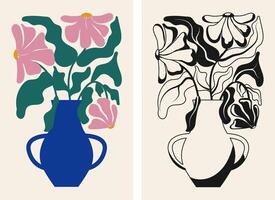 deux abstrait floral affiches.noir et blanc et Couleur illustration de fleurs dans vase dans branché naïve rétro hippie style de Années 60 années 70. moderne affiche et Contexte. vecteur