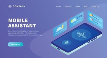 concept d'application d'assistant mobile avec smartphone et icône d'entreprise aide à la technologie d'intelligence artificielle pour le modèle de site Web ou la page d'accueil de destination vecteur