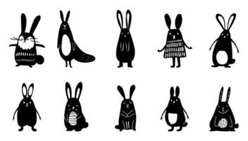 illustration noir et blanc dessiné à la main puéril ensemble lapin. mignonne animal Pâques élément et dessin griffonnage art icône. contour lapin collection Facile et décoratif style. vecteur