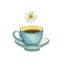 aquarelle illustration. bleu tasse avec thé, camomille fleur, à base de plantes thé. tout des produits sont main peint avec aquarelles. pour impression sur produit emballage, les menus vecteur