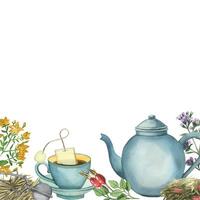 aquarelle illustration. thé faire la fête, bleu théière, tasse avec thé sac, églantier, passoire et Prairie herbes. tout objets sont peinte à la main avec aquarelles. pour impression sur thé emballage, conception, textiles vecteur