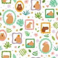 capybara portrait sans couture modèle conception. mignonne animal portrait dans Cadre sur le jungle mur. été imprimer, arrière-plan, marrant floral fond d'écran, patchwork textile conception. puéril dessin animé papier. vecteur