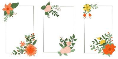 ensemble de floral plat salutation carte modèle dans des gamins pastel couleurs. rectangle Cadre pour mariage, anniversaire et anniversaire carte ou bannière. moderne abstrait main tiré fleurs isolé sur blanc Contexte vecteur