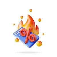 3d pour cent signe dans coupon et Feu flamme icône. rendre flamme et pourcentage symbole. pourcentage, vente, rabais, promotion et achats symbole. offre, prix étiqueter, coupon, prime. vecteur