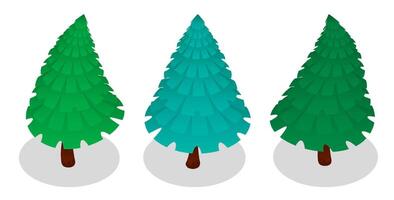ensemble de vert Nouveau ans Noël des arbres dans isométrique dans dessin animé style. célébrer Nouveau année et Noël. isolé sur blanc Contexte vecteur