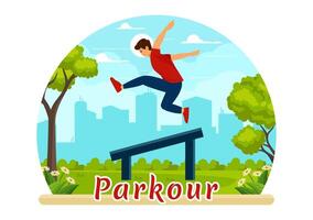 Parkour des sports illustration avec Jeune Hommes sauter plus de des murs et barrières dans ville rue et bâtiment dans une plat style dessin animé Contexte vecteur