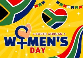 content aux femmes journée dans Sud Afrique fête illustration avec un ethnique noir femme et agitant drapeau dans une nationale vacances plat Contexte vecteur