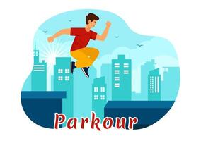 Parkour des sports illustration avec Jeune Hommes sauter plus de des murs et barrières dans ville rue et bâtiment dans une plat style dessin animé Contexte vecteur