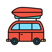 campeur van ensemble icône. rouge van, toit bagage, bleu les fenêtres, voyage, route voyage, transport, aventure, camping, Extérieur des loisirs, vacances. vecteur