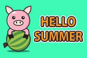 mignon mascotte cochon étreignant la pastèque avec bonjour bannière de voeux d'été vecteur