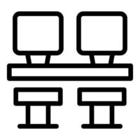 noir ligne icône de deux ordinateur moniteurs sur une bureau avec chaises, représentant Bureau espaces de travail vecteur
