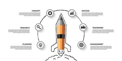 vaisseau spatial crayon réaliste lançant une infographie avec plusieurs options, bienvenue à l'arrière-plan de l'école vecteur