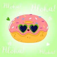 mignonne marrant Donut personnage. main tiré dessin animé kawaii personnage illustration icône. isolé sur vert Contexte. Donut personnage concept. aloha carte vecteur