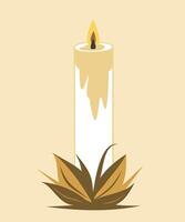 décoratif bougies pour maison. Feu et lumière, bougies, lampe, chandelier. une bougie dans une chandelier entouré par vert plante feuilles. antique historique bougie. icône logo vecteur